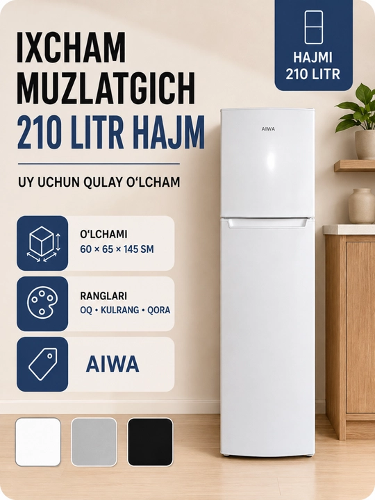 AIWA 210 litrli ikki kamerali sovutgich, muzlatish bo‘limi yuqorida