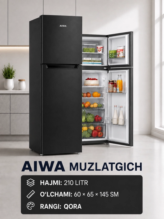 AIWA 210 litrli ikki kamerali sovutgich, muzlatish bo‘limi yuqorida - 