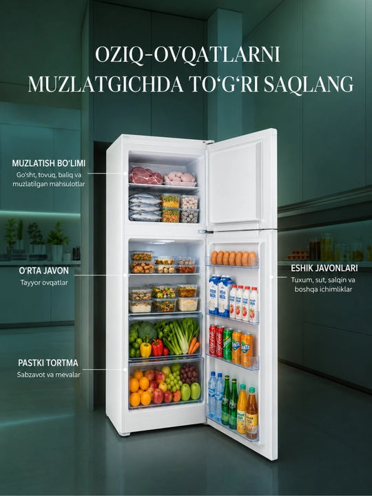 AIWA 210 litrli ikki kamerali sovutgich, muzlatish bo‘limi yuqorida