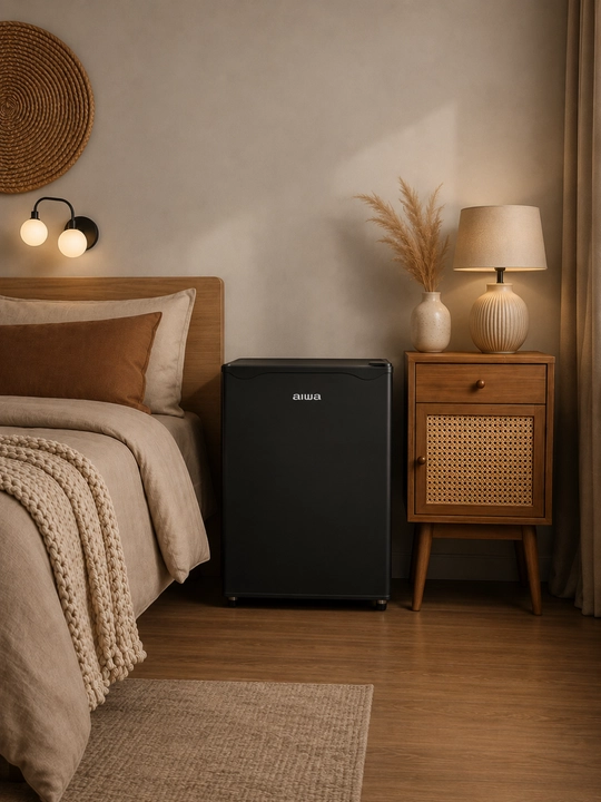 AIWA mini xolodilnik 46 litr, oq, kulrang va qora, uy hamda ofis uchun