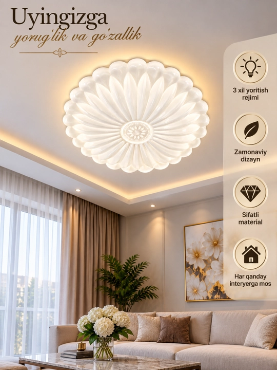 Plafon Hi-Tech LED, qandil, lustra, chiroq, lampo, minimalism uslubida, 3 xil rejim yonish