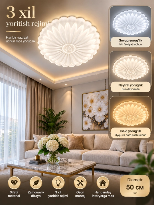 Plafon Hi-Tech LED, qandil, lustra, chiroq, lampo, minimalism uslubida, 3 xil rejim yonish