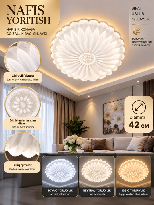 Plafon Hi-Tech LED, qandil, lustra, chiroq, lampo, minimalism uslubida, 3 xil rejim yonish