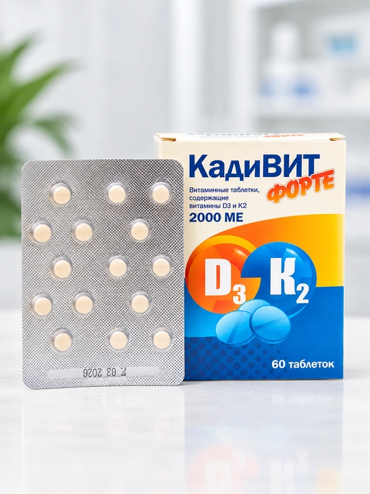 Kadivit Forte, D3 + K2 MK-7 vitamin kompleksi, 5000 ME + 120 mkg, tabletkalar - 
