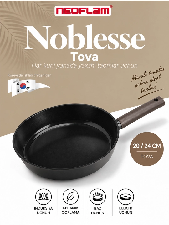 NEOFLAM NOBLESSE Tova 20–24 sm, quyma alyuminiy, keramika qoplamali, induksion, qopqoqsiz - 