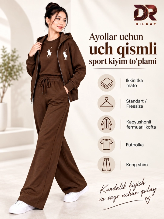 Ayollar uchun uch qismli sport kostyumi, kapyushonli kofta, futbolka va shim