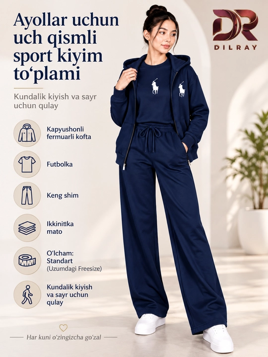 Ayollar uchun uch qismli sport kostyumi, kapyushonli kofta, futbolka va shim