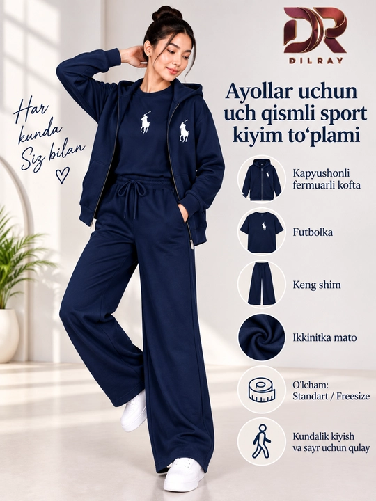 Ayollar uchun uch qismli sport kostyumi, kapyushonli kofta, futbolka va shim