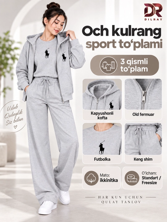Ayollar uchun uch qismli sport kostyumi, kapyushonli kofta, futbolka va shim