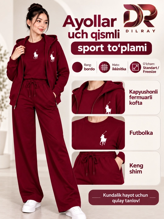 Ayollar uchun uch qismli sport kostyumi, kapyushonli kofta, futbolka va shim