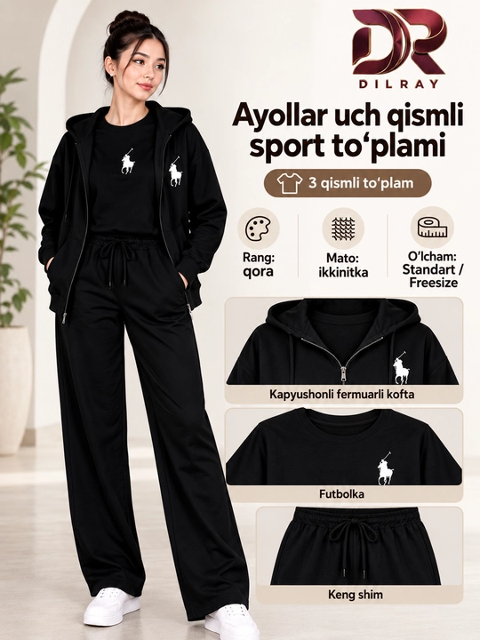 Ayollar uchun uch qismli sport kostyumi, kapyushonli kofta, futbolka va shim