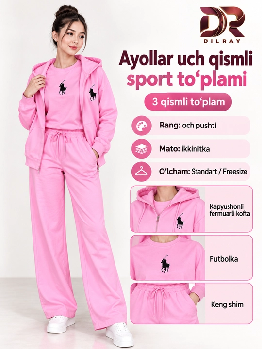 Ayollar uchun uch qismli sport kostyumi, kapyushonli kofta, futbolka va shim