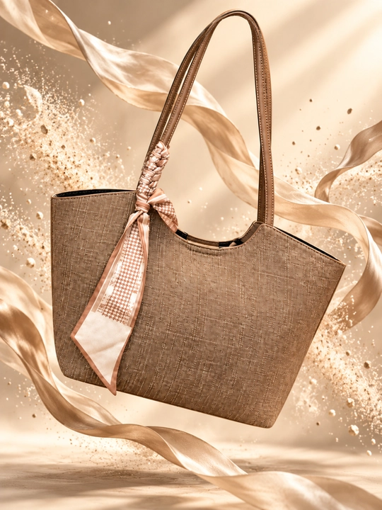 Ayollar uchun jigarrang shopper sumka, uzun tutqichli, ro‘mol bezakli, 35×30×10 sm