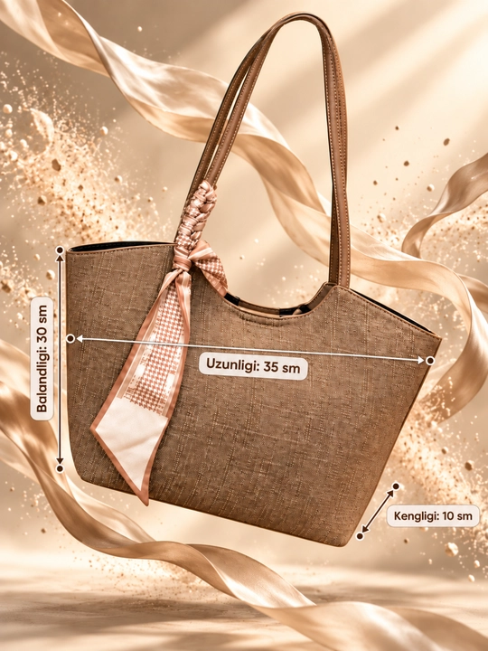 Ayollar uchun jigarrang shopper sumka, uzun tutqichli, ro‘mol bezakli, 35×30×10 sm