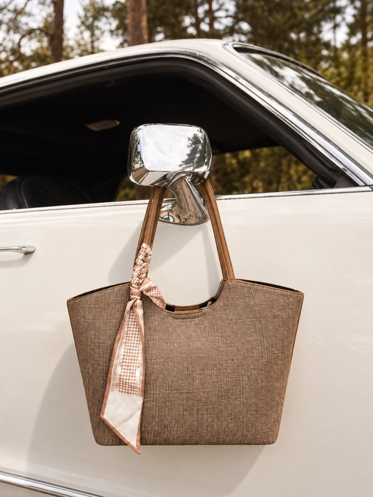 Ayollar uchun jigarrang shopper sumka, uzun tutqichli, ro‘mol bezakli, 35×30×10 sm