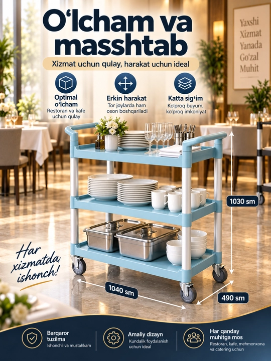 Restoran uchun servis aravasi, 3 qavatli g‘ildirakli idish tashish aravachasi xp-24-4