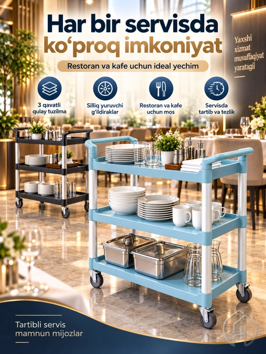 Restoran uchun servis aravasi, 3 qavatli g‘ildirakli idish tashish aravachasi xp-24-4