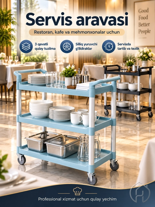 Restoran uchun servis aravasi, 3 qavatli g‘ildirakli idish tashish aravachasi xp-24-4