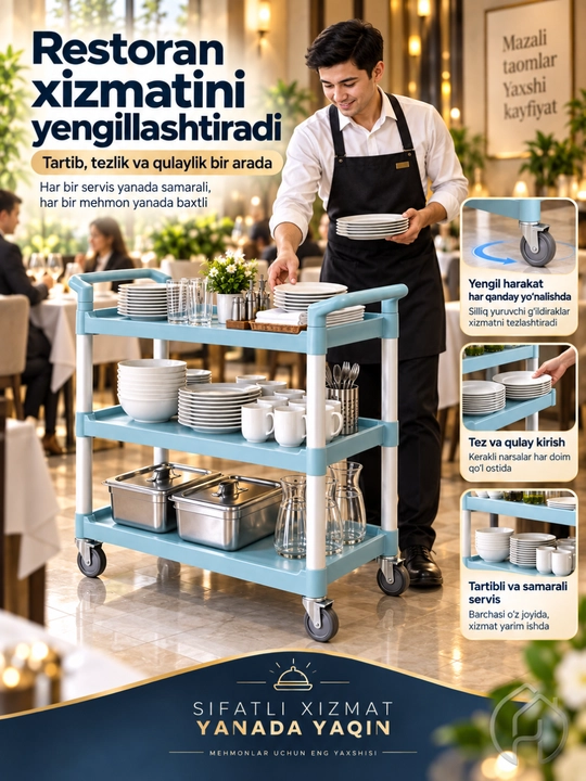 Restoran uchun servis aravasi, 3 qavatli g‘ildirakli idish tashish aravachasi xp-24-4