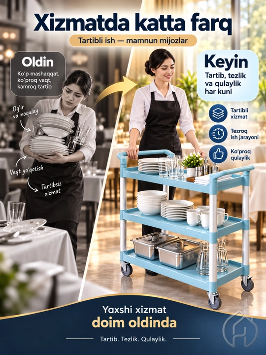 Restoran uchun servis aravasi, 3 qavatli g‘ildirakli idish tashish aravachasi xp-24-4