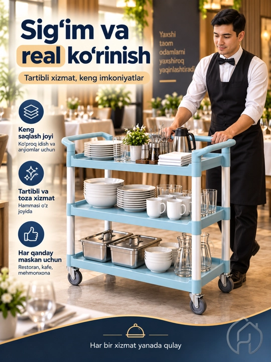 Restoran uchun servis aravasi, 3 qavatli g‘ildirakli idish tashish aravachasi xp-24-4