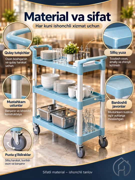 Restoran uchun servis aravasi, 3 qavatli g‘ildirakli idish tashish aravachasi xp-24-4