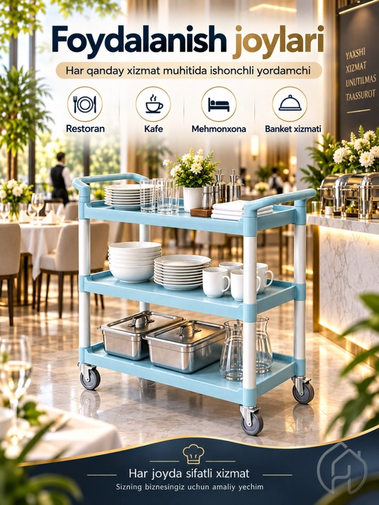 Restoran uchun servis aravasi, 3 qavatli g‘ildirakli idish tashish aravachasi xp-24-4