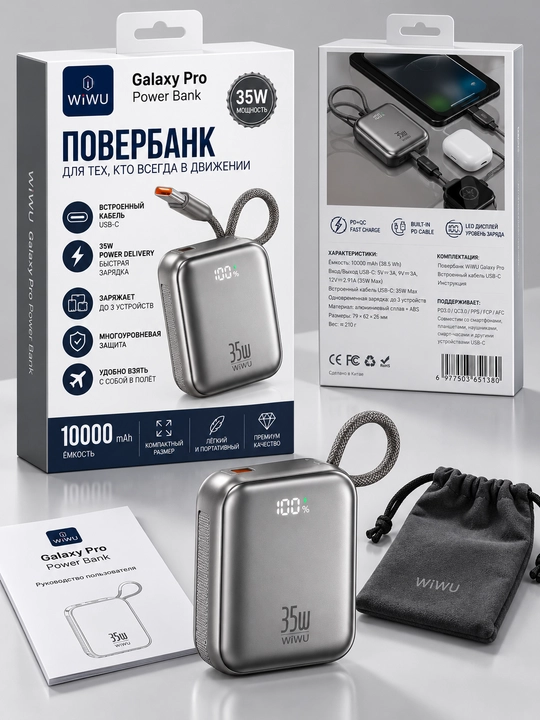 Power Bank WiWU 10000 mA/soat 35W,o‘rnatilgan kabellar va displeyga ega mini quvvat banki