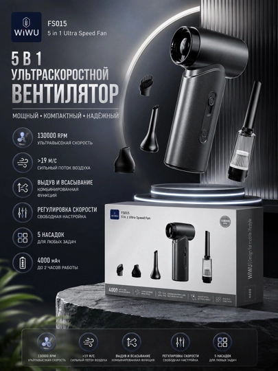 Портативный вентилятор WiWU WI-FS015 5 в 1, мощный аккумуляторный 4000 мАч - 