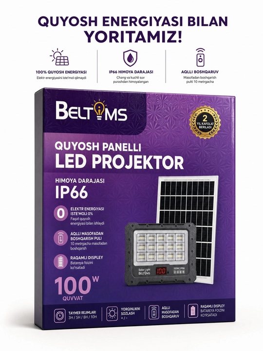 Quyosh panelli LED projektor BELTOMS IP66, pultli, 100/200/300/400 Vt