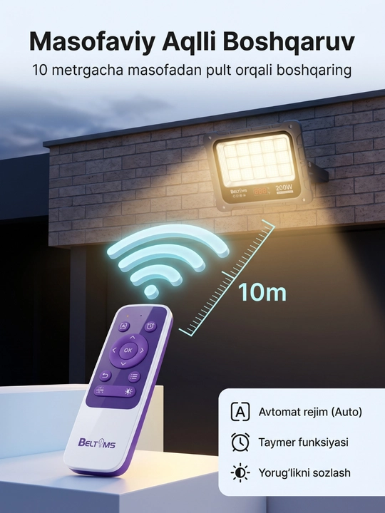 Quyosh panelli LED projektor BELTOMS IP66, pultli, 100/200/300/400 Vt