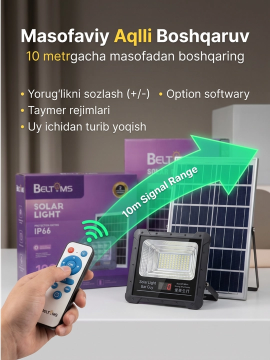 Quyosh panelli LED projektor BELTOMS IP66, pultli, 100/200/300/400 Vt