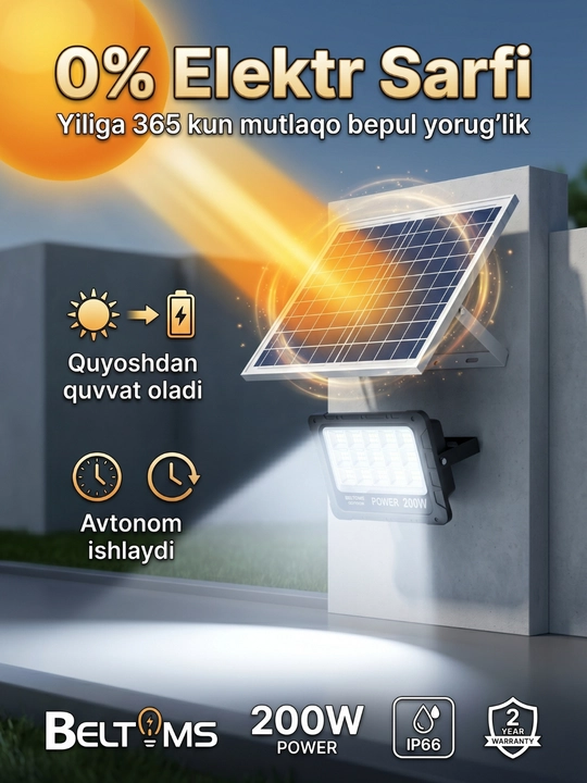 Quyosh panelli LED projektor BELTOMS IP66, pultli, 100/200/300/400 Vt
