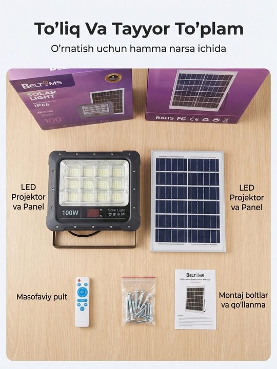 Quyosh panelli LED projektor BELTOMS IP66, pultli, 100/200/300/400 Vt