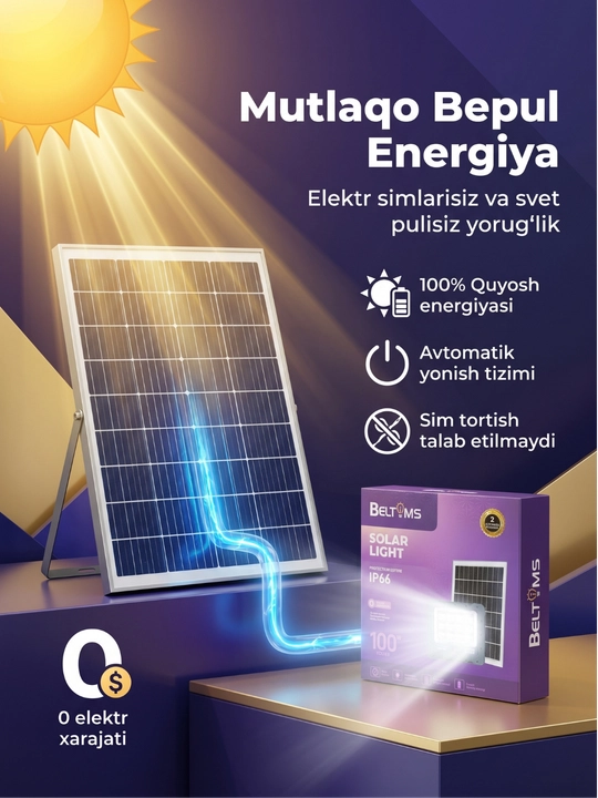 Quyosh panelli LED projektor BELTOMS IP66, pultli, 100/200/300/400 Vt - 