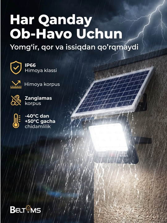 Quyosh panelli LED projektor BELTOMS IP66, pultli, 100/200/300/400 Vt