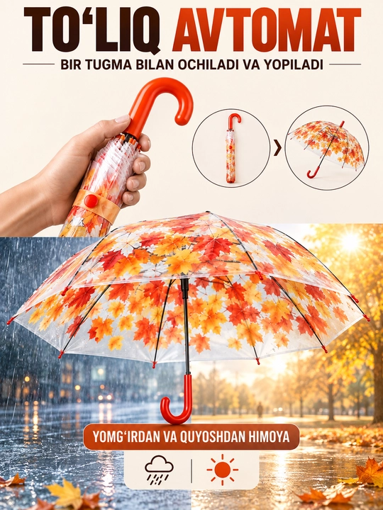 Ayollar uchun avtomatik kuzgi soyabon - shamoldan himoyalovchi