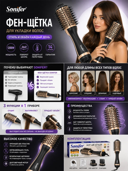 1200 Vt Hot Air Styler fen-cho‘tka, oval, keramik qoplamali
