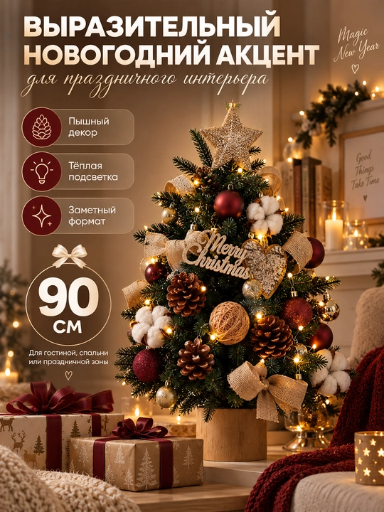 Bezakli yangi yil archasi bezaklar to‘plami bilan, 60 sm / 90 sm