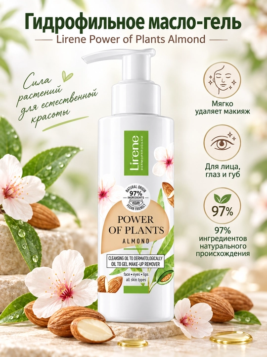 Makiyajni ketkazish uchun gel-moy Lirene Power Of Plants, Bodom, 145 ml