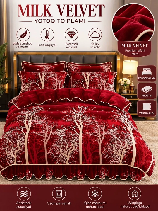 Qishki pastel komplekti Milk Velvet, 4 qismli, 200×230 sm antistatik, yumshoq va issiq - 