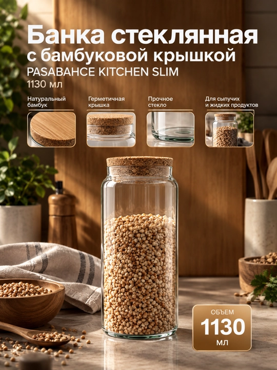 Банка стеклянная с бамбуковой крышкой PASABAHCE KITCHEN SLIM, 1130 мл - 