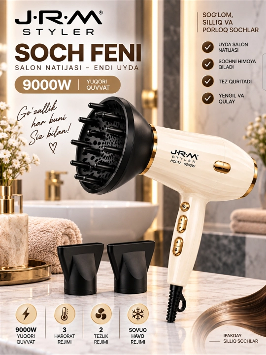 JRM Styler  professional fen, quvvati 6000watt, issiq va sovuq havo funksiyasiga ega