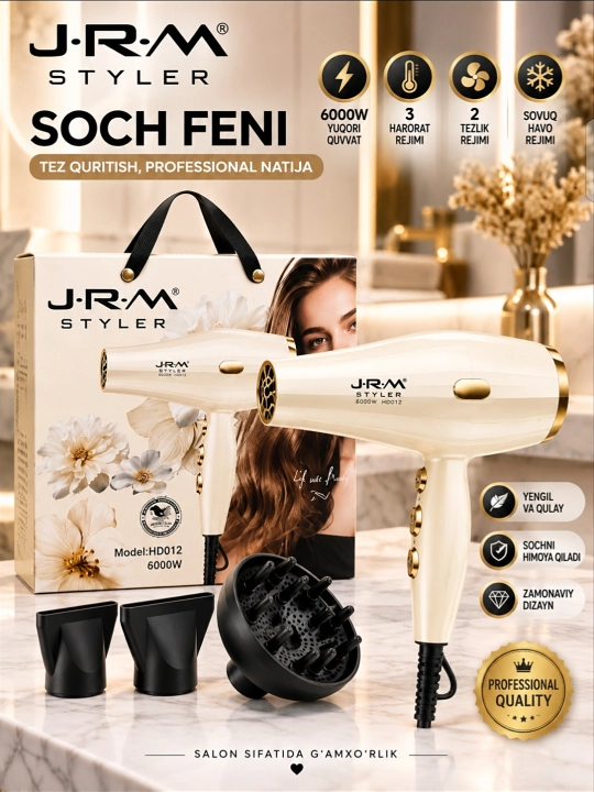 JRM Styler  professional fen, quvvati 6000watt, issiq va sovuq havo funksiyasiga ega
