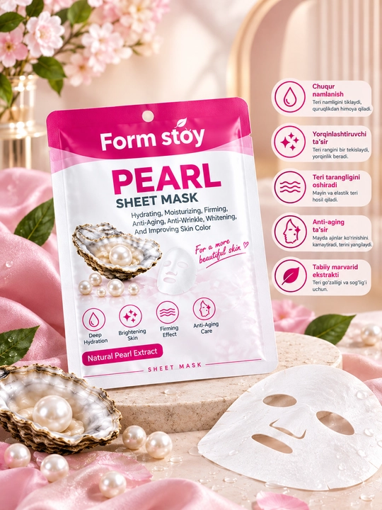 Niqob, matoli niqob, yuz niqobi, namlantiruvchi niqob marvarid ekstrakti, pearl sheet mask - 