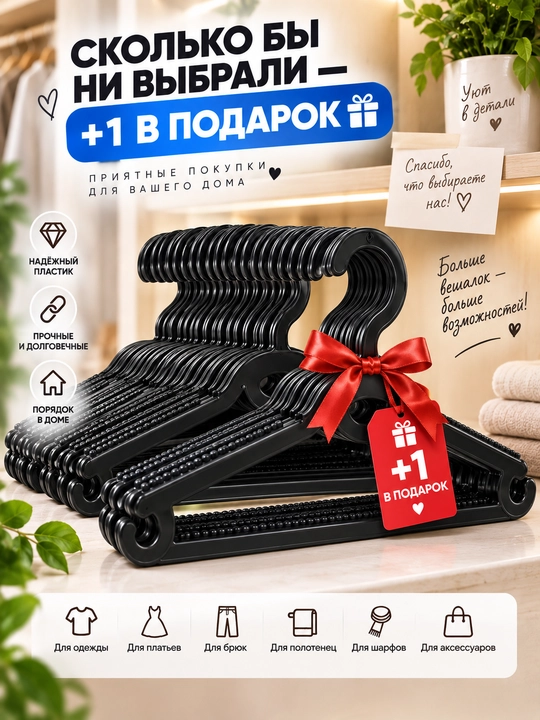 Вешалки для одежды нескользящие пластиковые, набор 5/10/20/50 шт +1 в подарок
