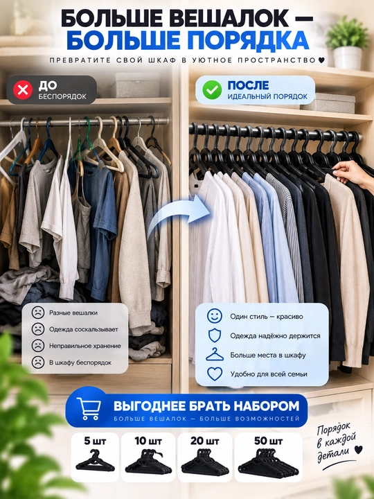 Вешалки для одежды нескользящие пластиковые, набор 5/10/20/50 шт +1 в подарок