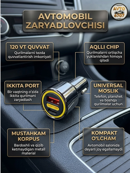 Автомобильное зарядное устройство, быстрая зарядка 120W, USB и Type-C