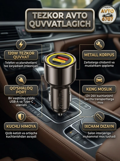 Автомобильное зарядное устройство, быстрая зарядка 120W, USB и Type-C