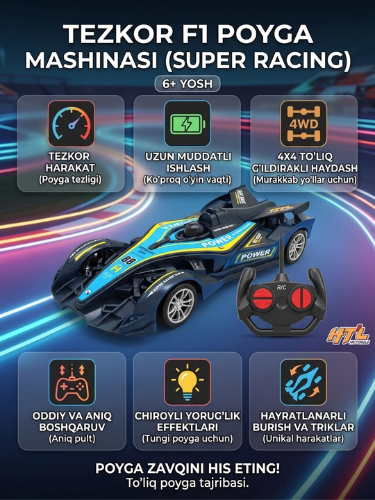 HTL F1 Racing boshqaruv pultidagi tezkor mashina, 4WD